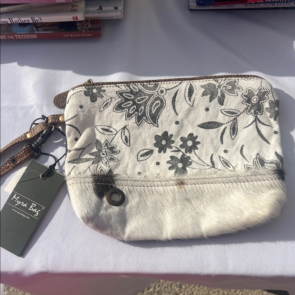 Myra Bag Black and Cream Floral Clutch Conceal Carry Cowhide